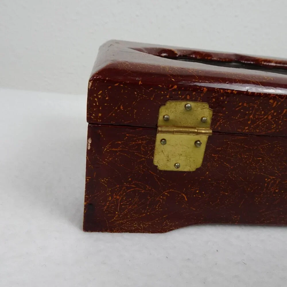 Vintage Asian Jewelry Box Lacquered Carved Diorama Art Inset Pagoda Lined